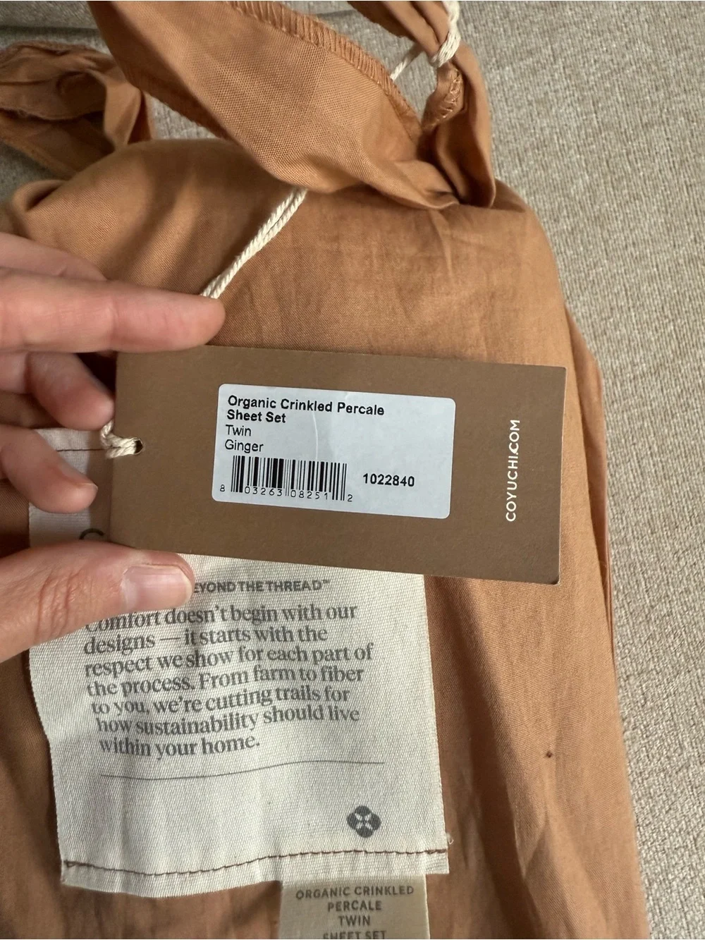 NWT Coyuchi 100% Organic Cotton Crinkled Percale Cooling Sheet Set Ginger (Twin)